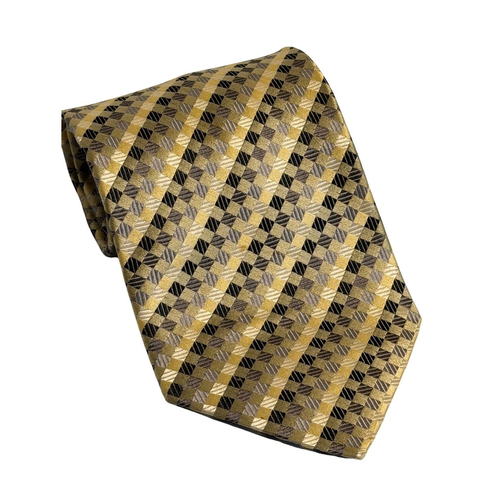 VTG Roberto Villini Necktie Gold Black Grey Checkered Silk Geometric Mens Tie